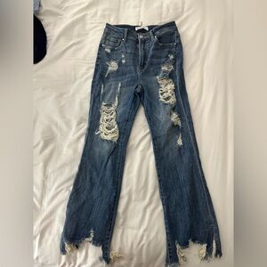 Blue Straight Leg Jeans with Distressed Details